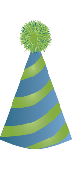 Blue and green striped party hat with green poof ball on top.
